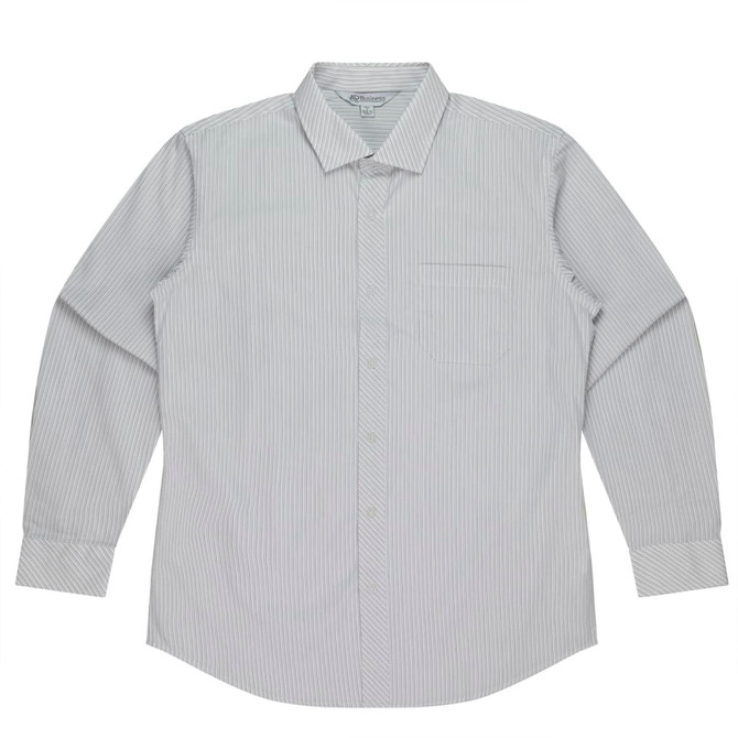 A long sleeve button-up shirt in a light grey and white striped pattern with a chest pocket and a logo.