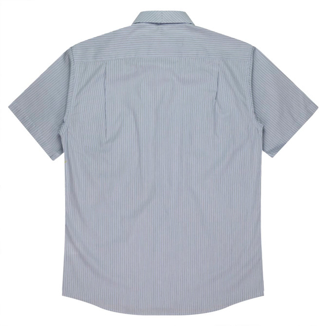A short-sleeved button-up shirt in a light blue and white striped pattern, featuring a logo on the back.