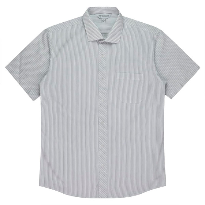 A short-sleeve button-up shirt in light green and white stripes, featuring a chest pocket and a logo.