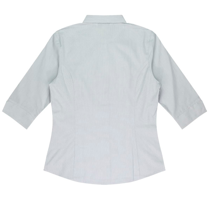 A light grey button-up shirt with 3/4 sleeves, featuring a tailored fit and a back view. It has a logo.