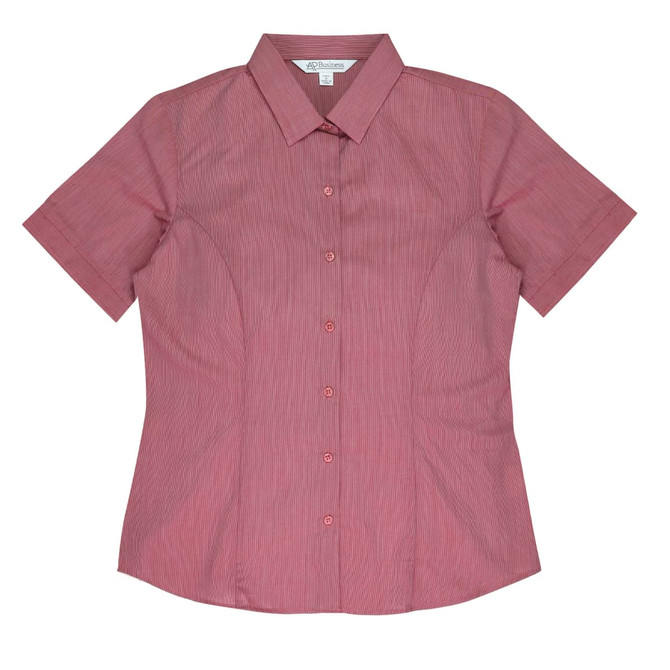 A short-sleeve button-up shirt in a burgundy hue with a fitted design and a collar. Features a logo.