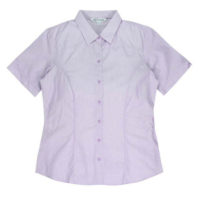 A short-sleeve button-up shirt in light purple with a fitted design and a collar, featuring a logo.