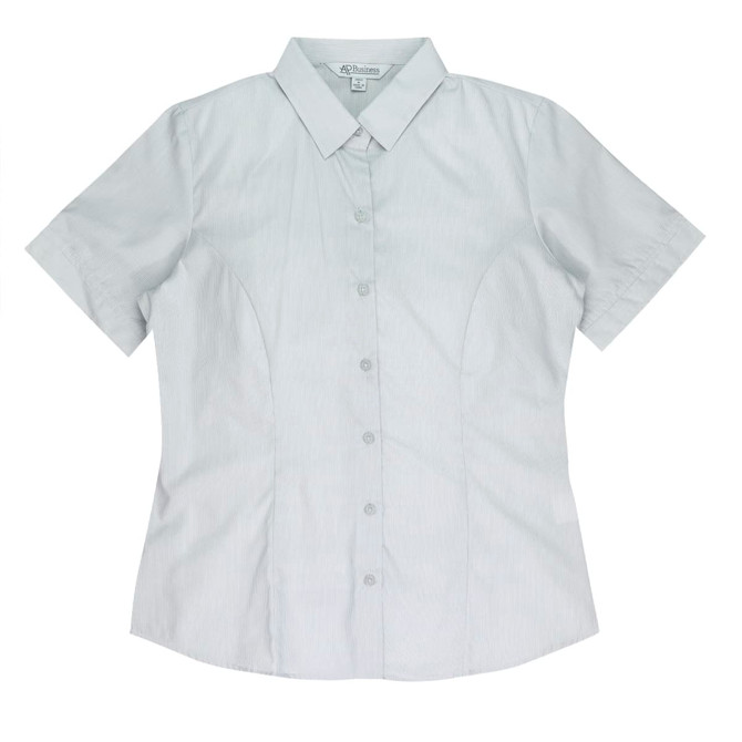 A light grey short-sleeve button-up shirt with a fitted design and a collar, featuring a branding logo.