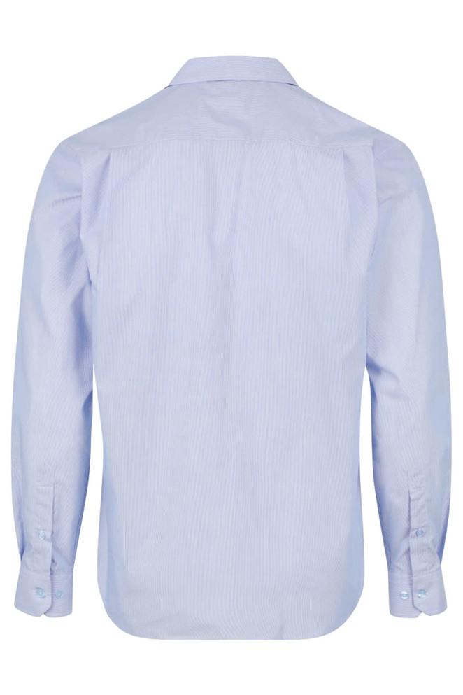 A long sleeve, button-up men's shirt in light blue with a striped pattern and a logo on the back.