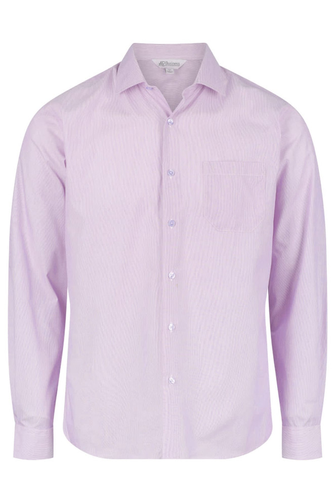 A long-sleeve button-up shirt in light purple with a single chest pocket and a logo on the collar.