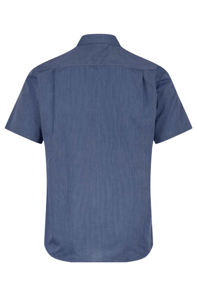 A short sleeve, button-up shirt in a blue, textured fabric, featuring a classic collar and a branded logo.