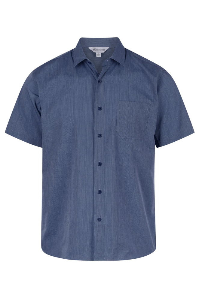 A short sleeve, button-up men's shirt in a deep blue colour with a chest pocket and a branded tag.