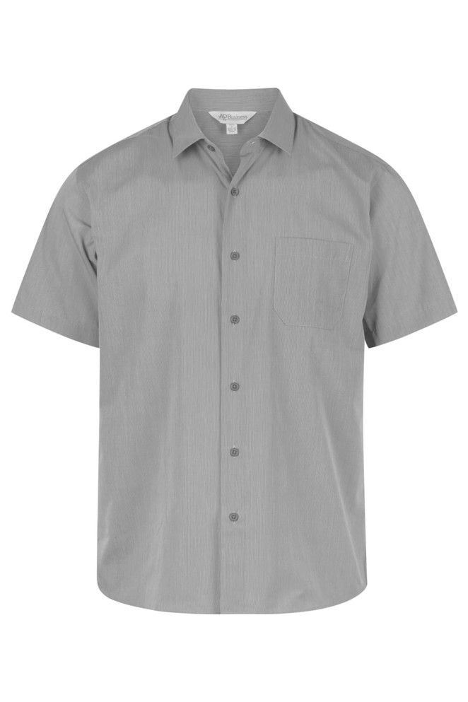 A short-sleeve button-up shirt in a light grey colour with a chest pocket and a logo.