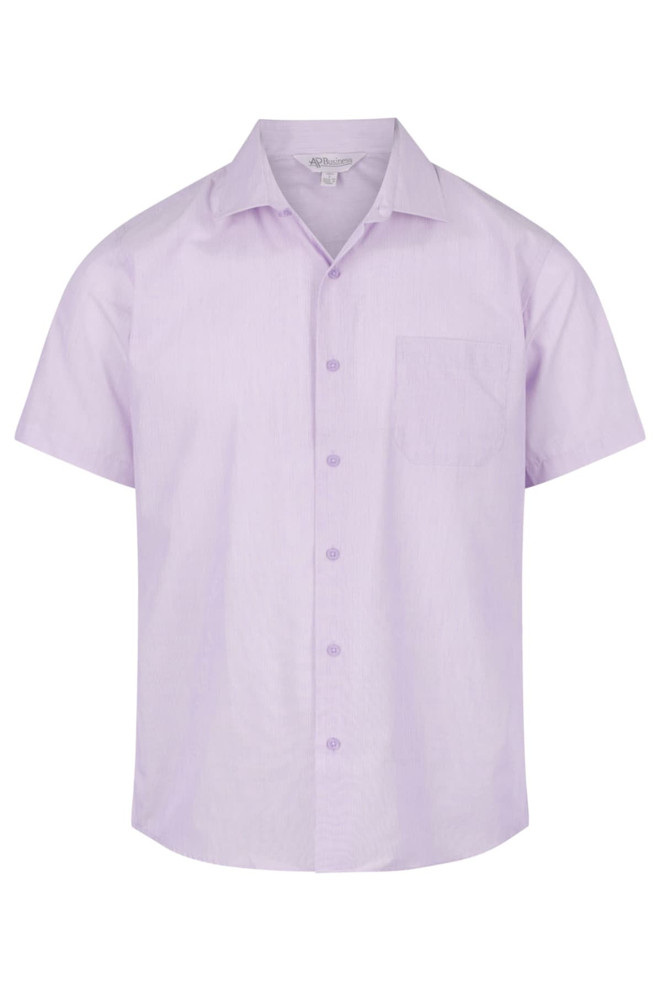 A short sleeve button-up shirt in light purple with a single chest pocket and a logo.