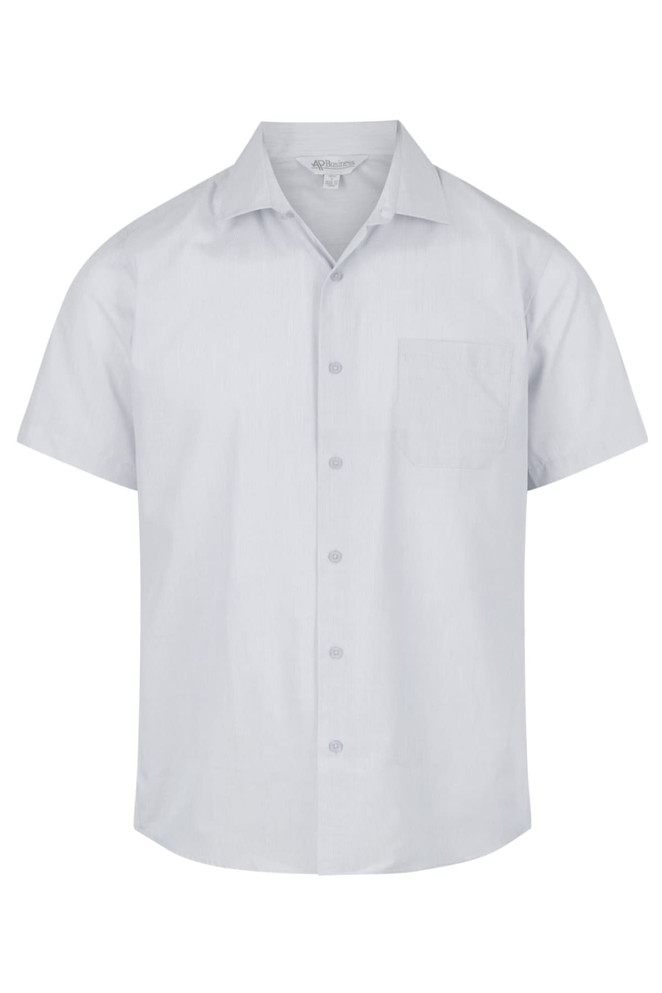 A short-sleeve button-up shirt in light blue with a single chest pocket and a logo.