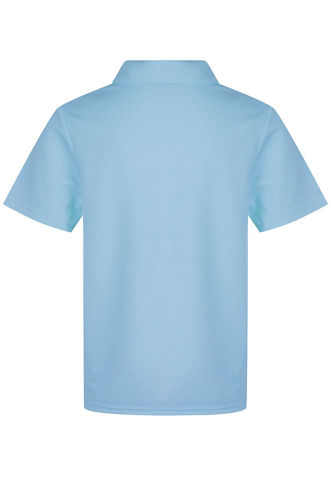 A light blue children's polo shirt with a collar, featuring a logo on the back.