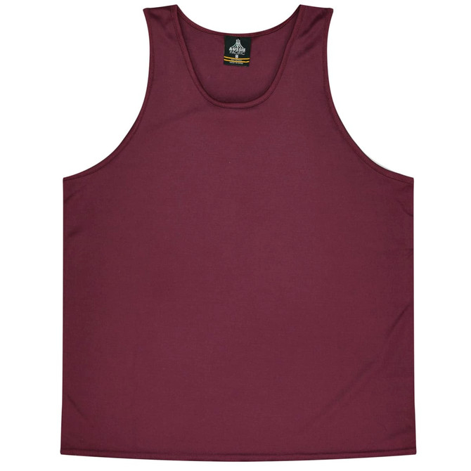 A maroon singlet featuring a simple design and a logo at the neckline.