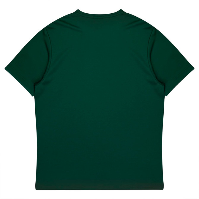 A green T-shirt with short sleeves, featuring a plain back design and a logo.