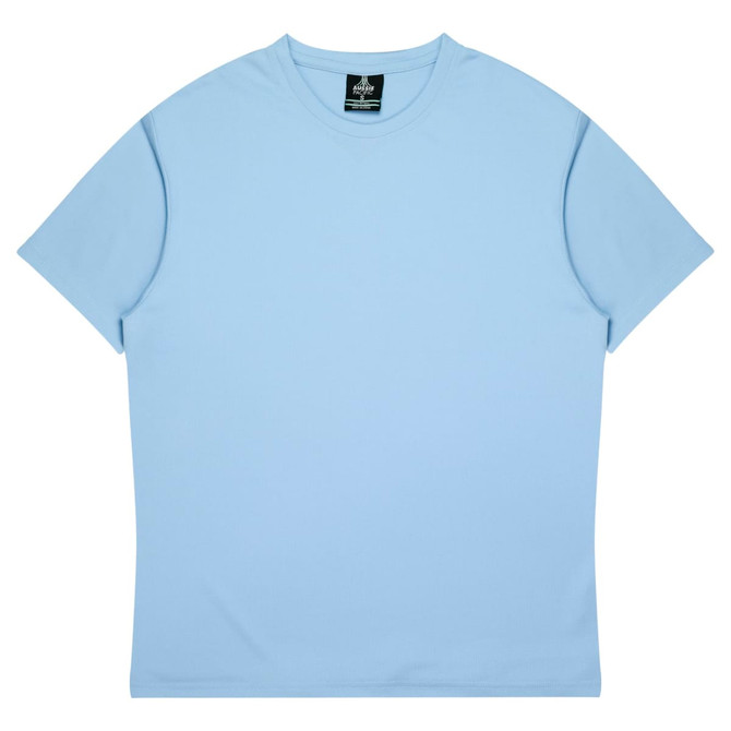 A light blue children's t-shirt with a simple design and a logo on the label.