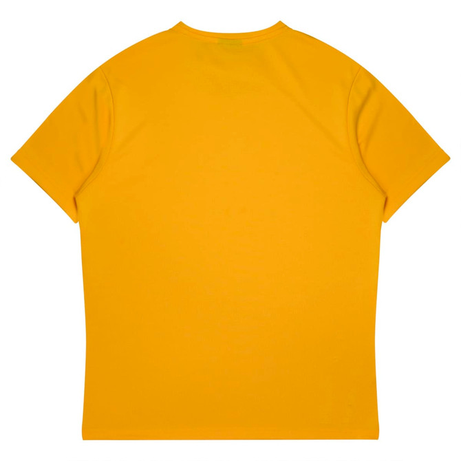 A yellow T-shirt featuring a simple design and a back view. It has a logo on the back.