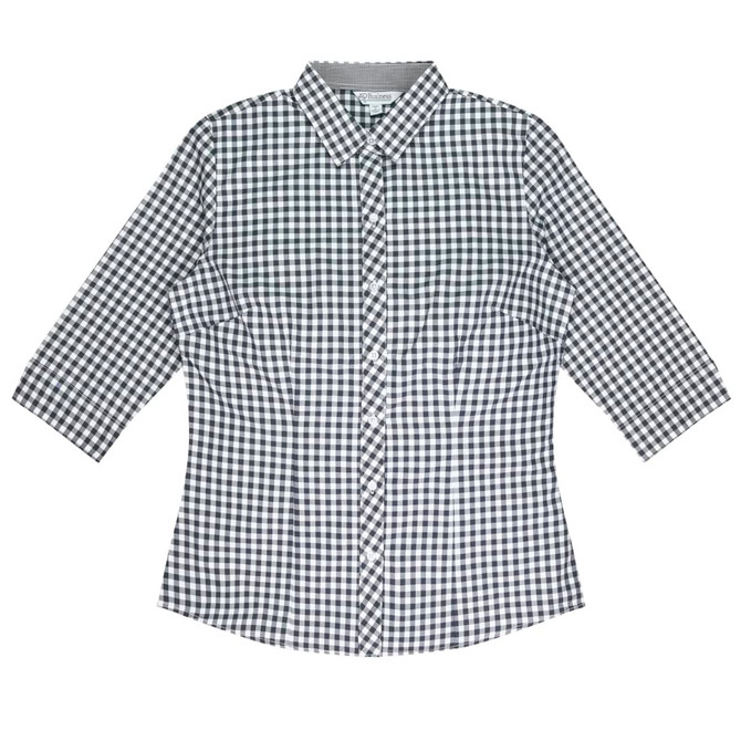 A black and white checked button-up shirt with 3/4 sleeves and a collar, featuring a subtle logo.