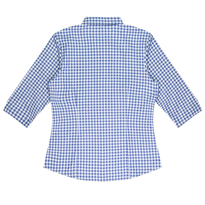 A blue and white checked button-up shirt with 3/4 sleeves and a collar, featuring a branding logo.