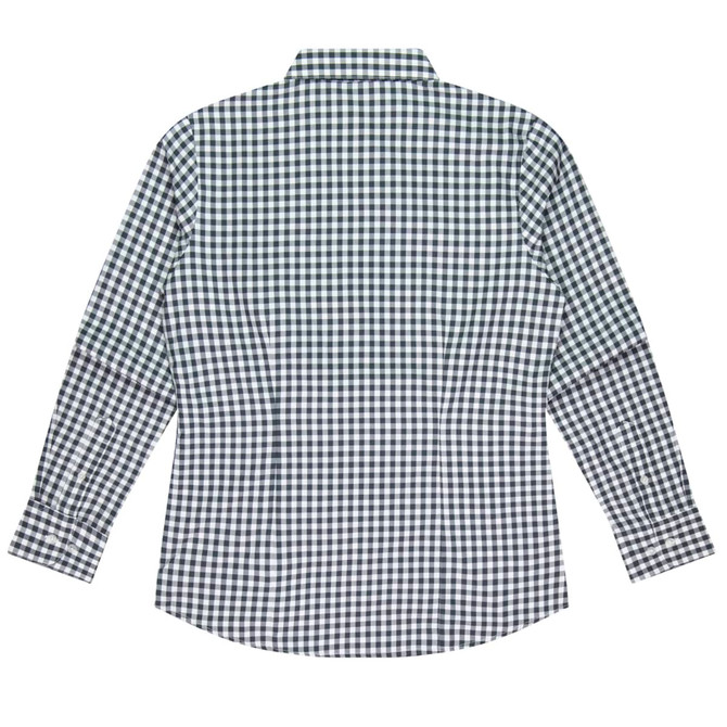 A long sleeve button-up shirt in a checkered pattern featuring navy and white colours. It has a collar and a curved hem.