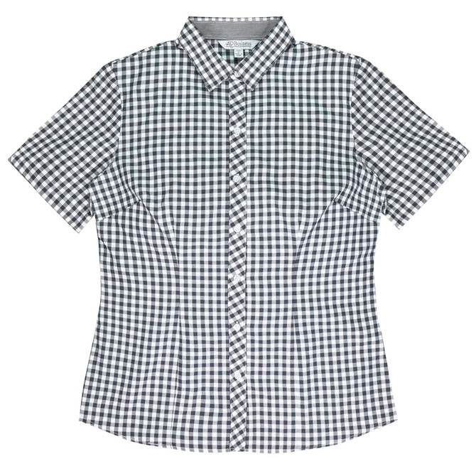 A short-sleeve button-up shirt featuring a black and white gingham pattern and a collar. It has a logo on the label.