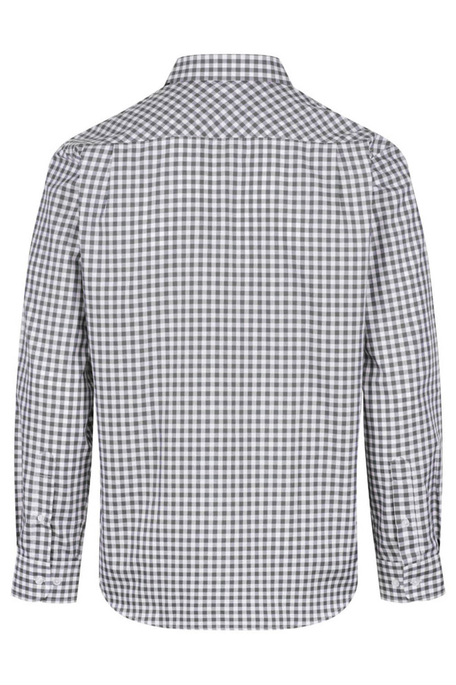 A long sleeve button-up shirt featuring a grey and white checkered pattern, with a back view showcasing its collar and stitching.