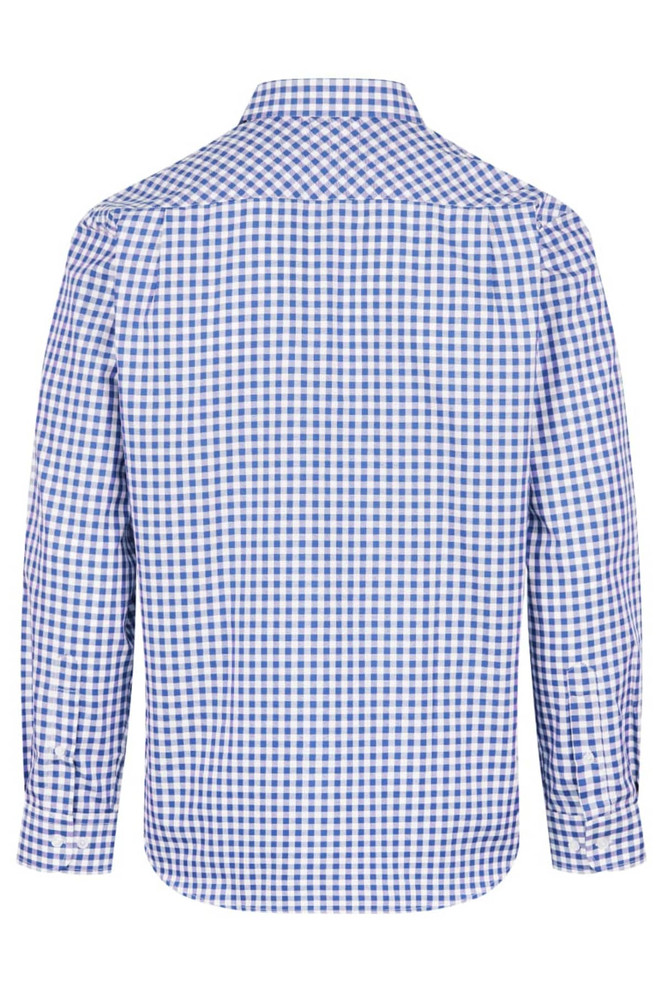 A long sleeve men's button-up shirt in blue and white check pattern, featuring a collar and brand logo.