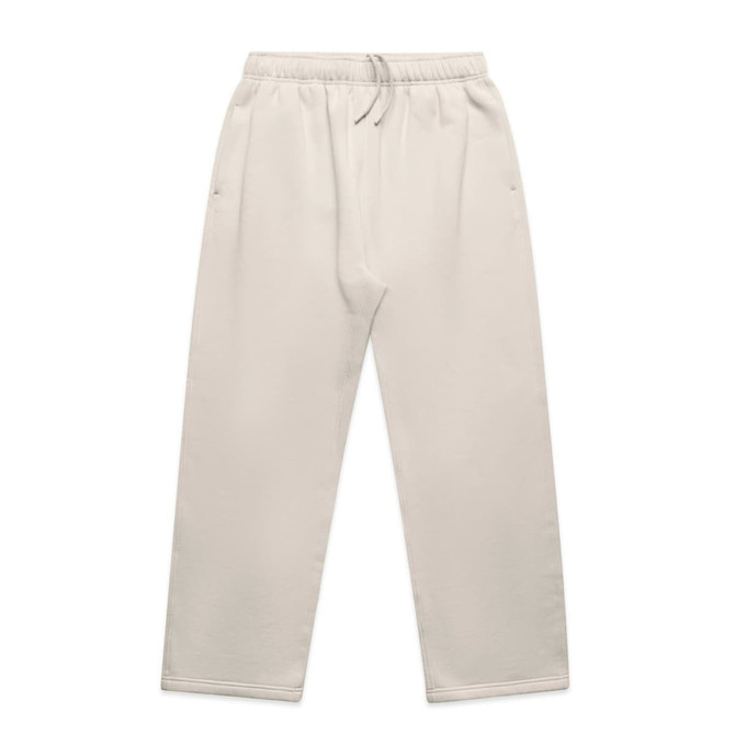 Cuffless track pants in a light beige colour, featuring an elasticated waistband and side pockets.