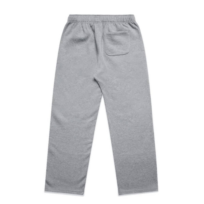 Cuffless track pants in a soft grey fabric with an elastic waistband and a back pocket. Features a logo.