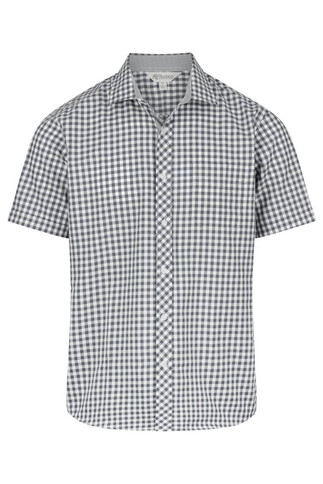 A short sleeve button-up shirt with a grey and white checkered pattern, featuring a collar and a logo.