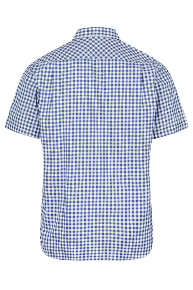 A short sleeve button-up shirt in a blue and white checkered pattern with a plain back view. It features a logo.