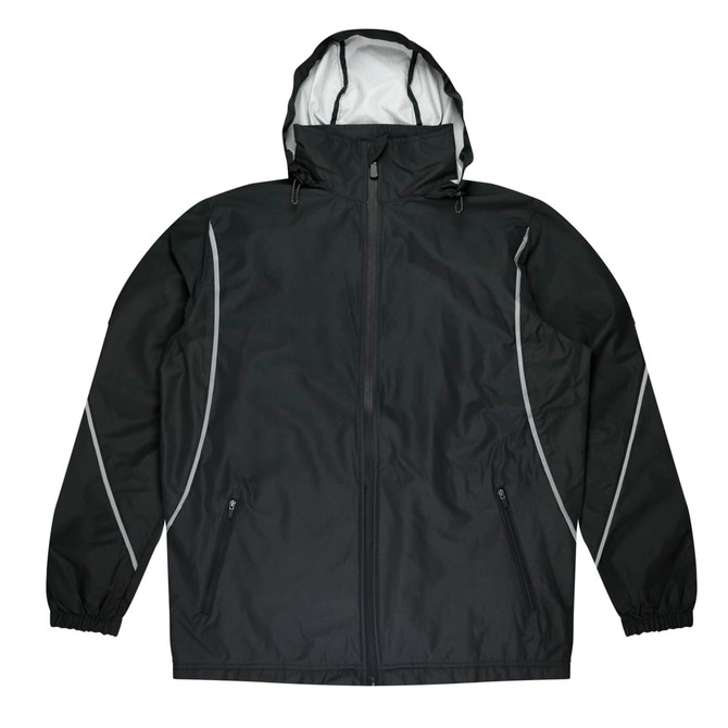 A black jacket with a hood and reflective detailing, featuring two side pockets and an adjustable drawstring hem.