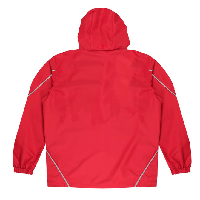 A red jacket with a hood, featuring elasticised cuffs and reflective detailing, presented from the rear view.