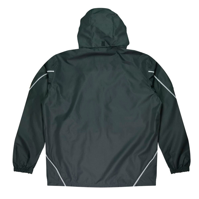 A dark green jacket with a hood, featuring elastic cuffs and reflective detailing. It has a logo.