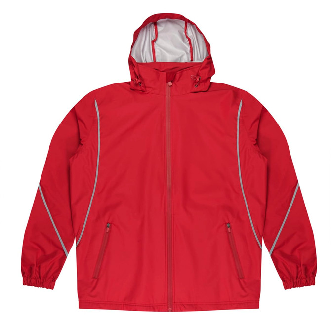 A red jacket with a hood, featuring reflective detailing and two zippered pockets. It has an attached hood.