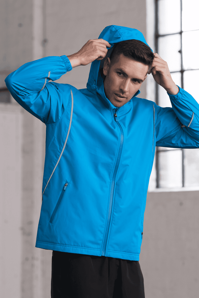 A blue men's jacket featuring a hood and zipper, with a sporty design and reflective detailing.