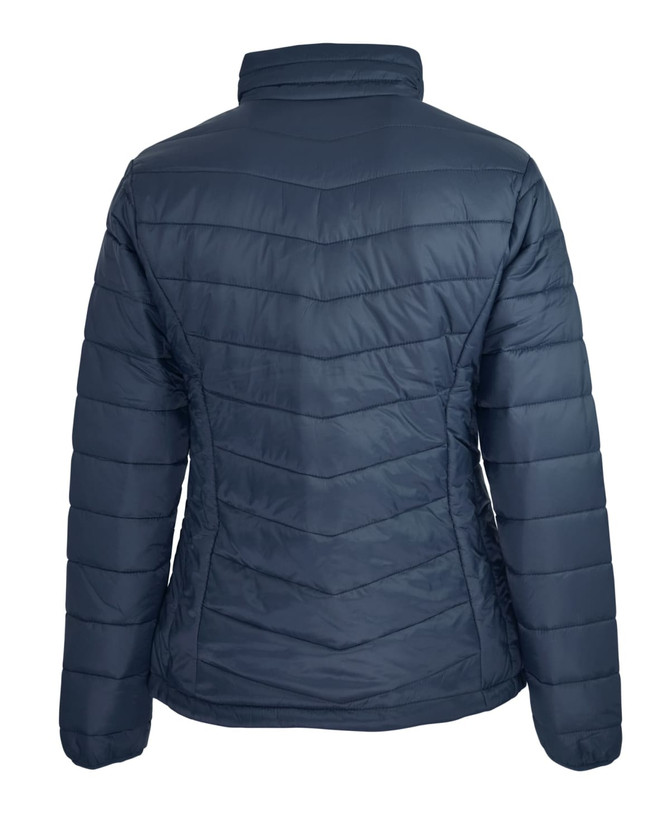 A navy blue insulated jacket featuring a quilted design and a high collar. The back view highlights its fitted shape.