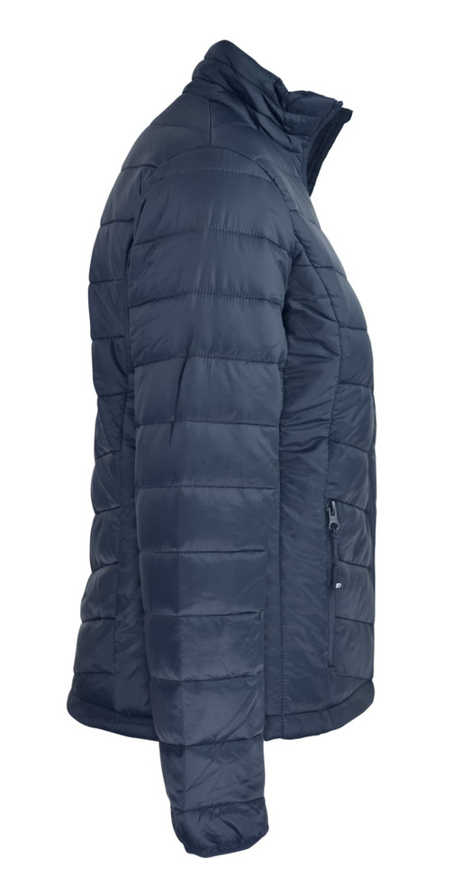 A navy blue jacket with a puffer design, featuring a zip closure and side pockets. It has a logo on it.