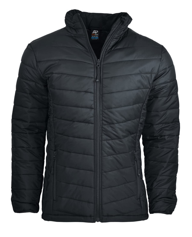A black padded men's jacket featuring a zip closure and two side pockets, with a logo on the label.