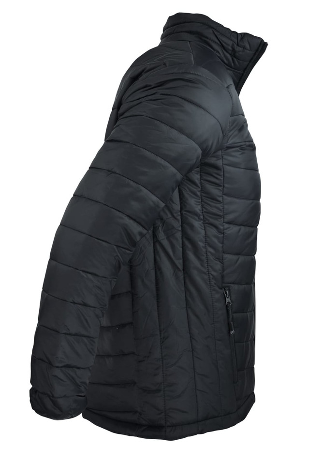 A black puffy men's jacket with a high collar and side zipper pockets, featuring a logo.