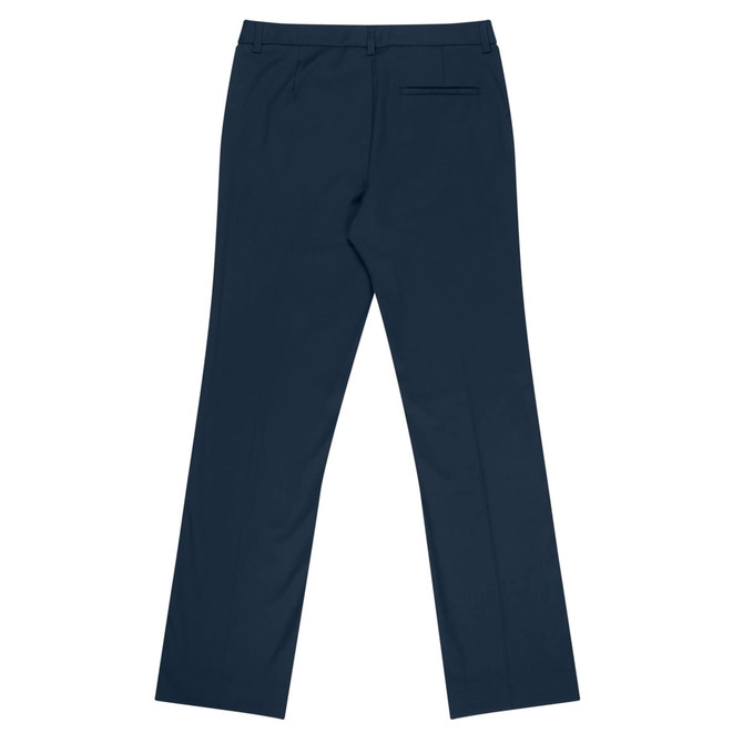 A pair of navy blue women's trousers with a straight leg design and one back pocket.