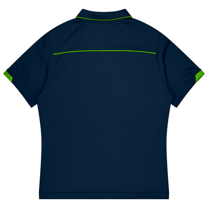 A navy polo shirt with green accents and a logo on the back, designed for sports uniforms.