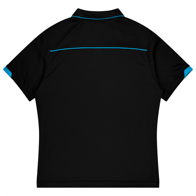 A black polo shirt with blue accents and a logo at the back, designed for kids' sports uniforms.
