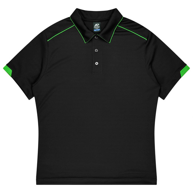 A black polo shirt with green accents and a collar, designed for kids' sports uniforms. It features a logo.