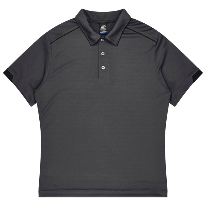 A dark grey polo shirt with a collar and short sleeves, featuring a logo on the chest area.