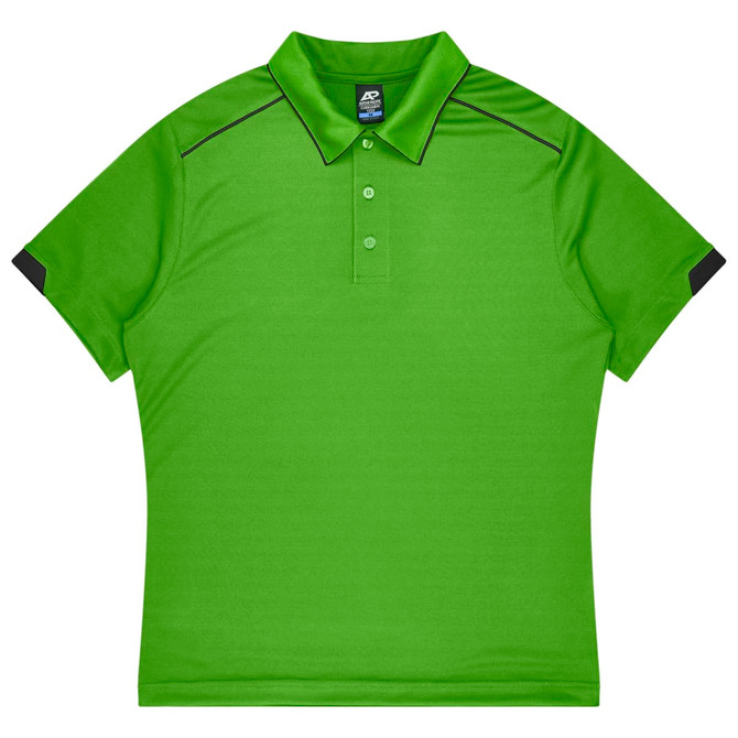 A bright green polo shirt with black accents and a collar, featuring a logo on the chest area.