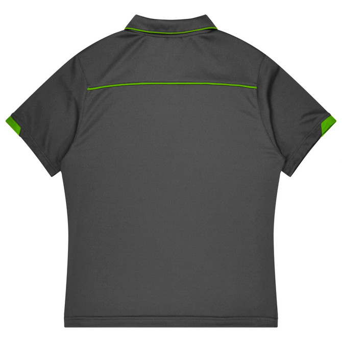 A grey polo shirt with green accents and a logo on the back, designed for sports uniforms.