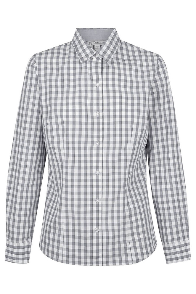 A long-sleeve, button-up shirt featuring a grey and white checkered pattern with a collar and branding.
