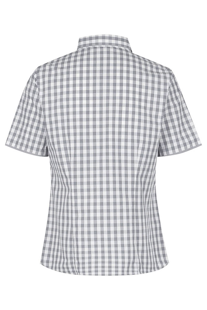 A short-sleeved button-up shirt featuring a grey and white check pattern and a collar. It has a logo.