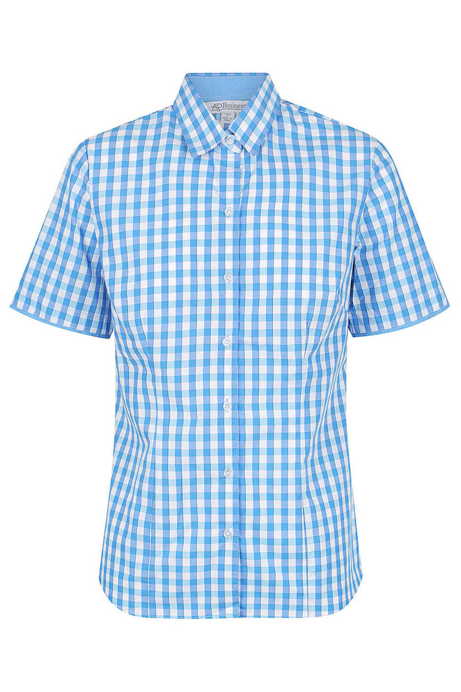 A short sleeve button-up shirt featuring a blue and white check pattern and a logo on the chest.