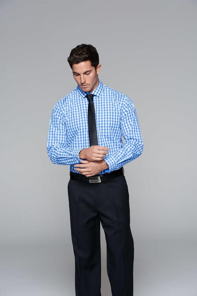 A button-up long sleeve shirt in blue and white check pattern, paired with black pants and a tie, with a logo visible.