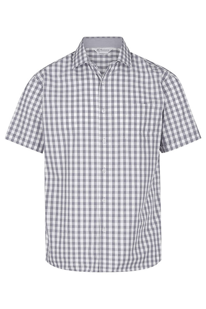 A short-sleeve button-up shirt featuring a grey and white checkered pattern, with a single chest pocket and a logo.